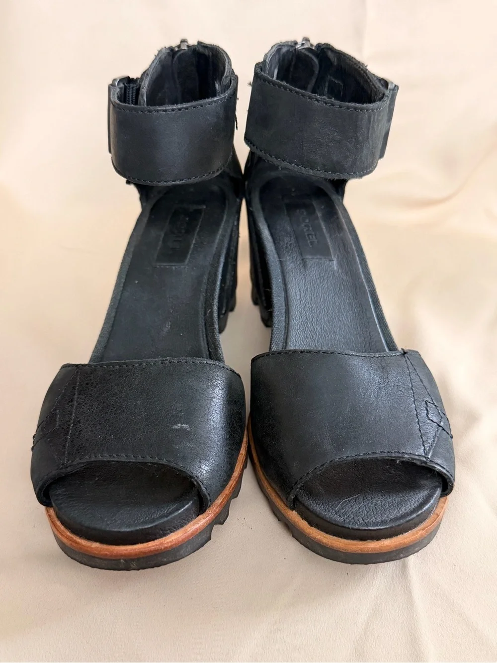 Sorel Women’s Black Wedge Sandals with Ankle Strap